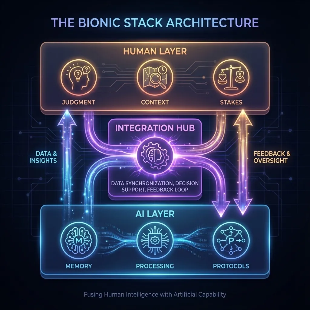 Diagram showing three layers: Human Judgment (goals, stakes, context) at top, Interface Protocols in middle, AI Compute and Memory at bottom