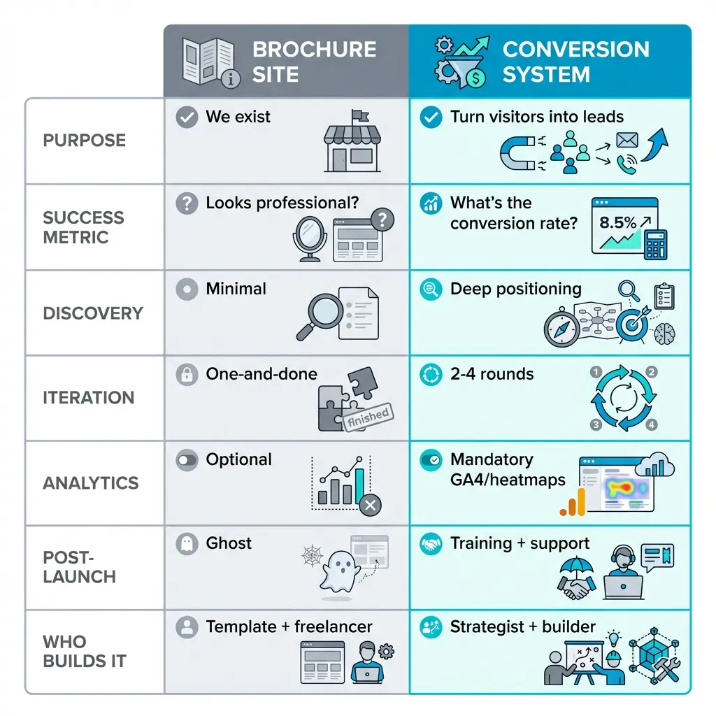 Brochure Site vs Conversion System comparison
